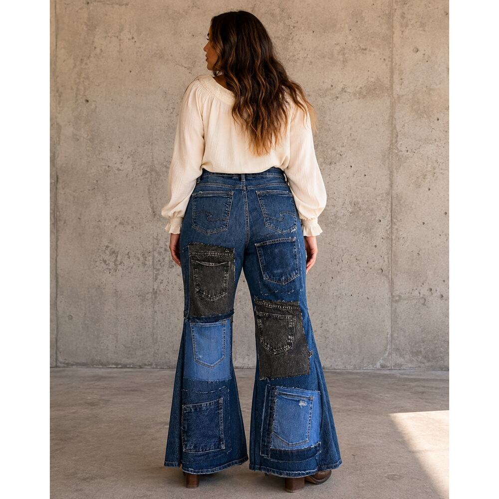 Silver Jeans Co Women’s 18W/L35 Upcycled Patchwork Flare Jeans Boho Y2K OOAK - Picture 10 of 16